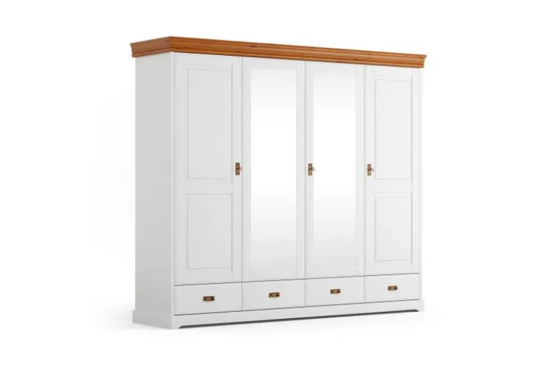 Armadio legno massello bianco top miele 4 ante specchi shabby toscano