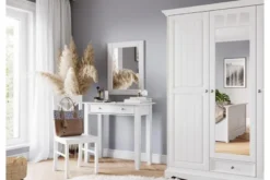 Armadio shabby chic legno massello di pino bianco 3 ante con specchio