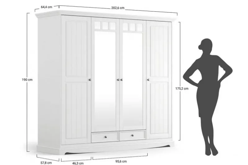 Armadio shabby chic pino massello bianco 4 ante con specchio