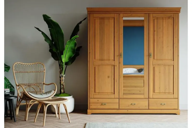 Armadio shabby toscano 3 ante con specchio legno massello miele