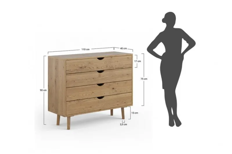 Comò moderno in legno massello di rovere oliato 4 cassetti
