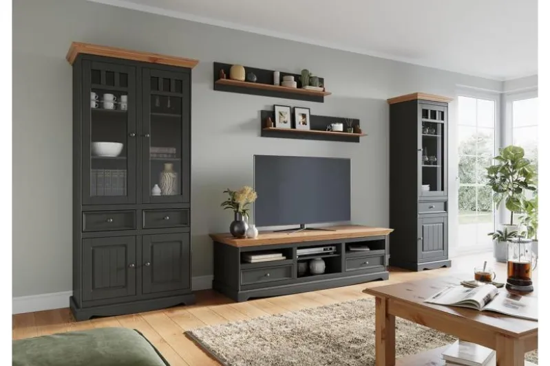 Coppia di mensole legno di pino massello grafite e naturale shabby chic