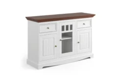 Credenza con cristalliera shabby chic pino massello bianco e top noce