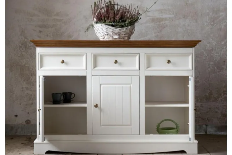Credenza shabby chic 3 ante pino massello bicolore bianco e rovere