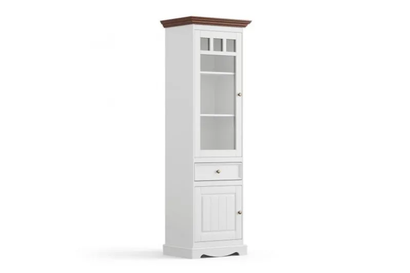 Cristalliera 1 anta sinistra shabby chic pino massello bianco top noce