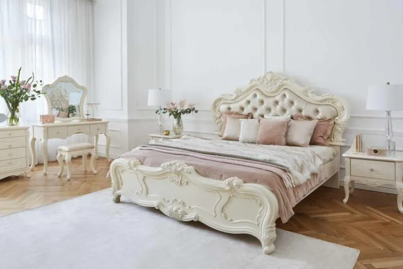 Letto classico imbottito con cornice in legno avorio 180 X 200 BELLA 976