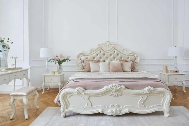 Letto classico imbottito con cornice in legno avorio 180 X 200 BELLA 976