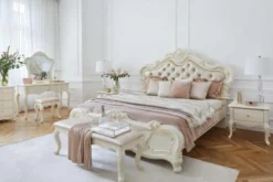 Letto classico imbottito con cornice in legno avorio 180 X 200 BELLA 976