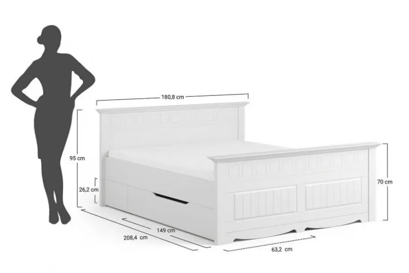 Letto shabby chic matrimoniale pino massello bianco 160x200