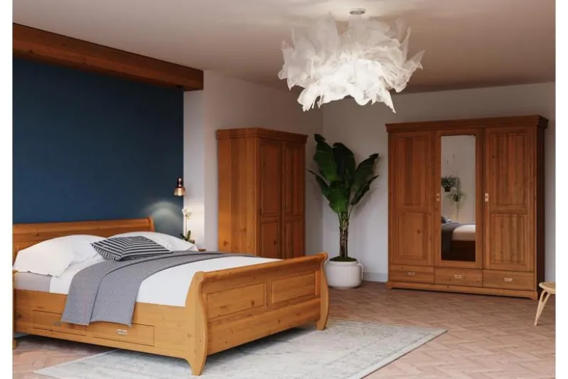 Letto shabby toscano in legno massello miele con cassetti 160x200