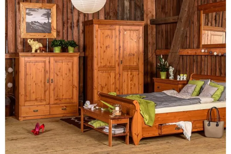 Letto shabby toscano in legno massello miele con cassetti 160x200