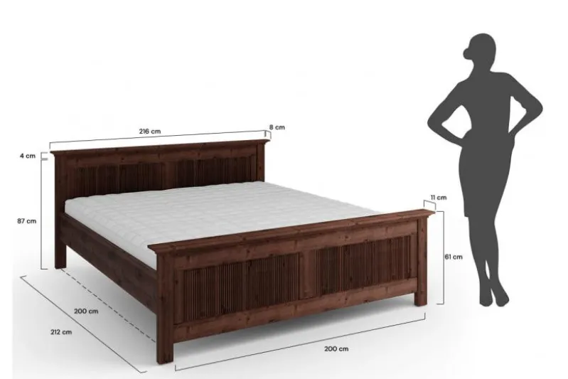Letto 200x200 shabby classico pino massello tabacco Rosella