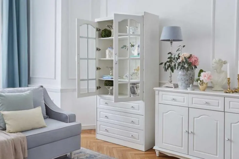 Libreria provenzale in legno con ante in vetro e cassetti Princess 850