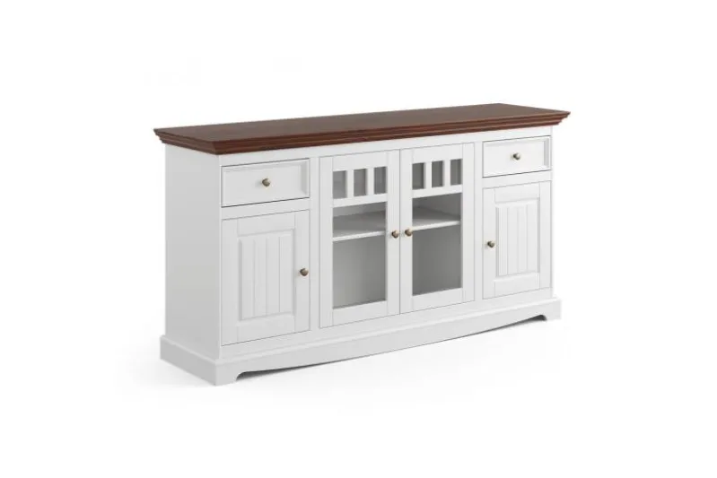 Madia con cristalliera shabby chic pino massello bianco e top noce