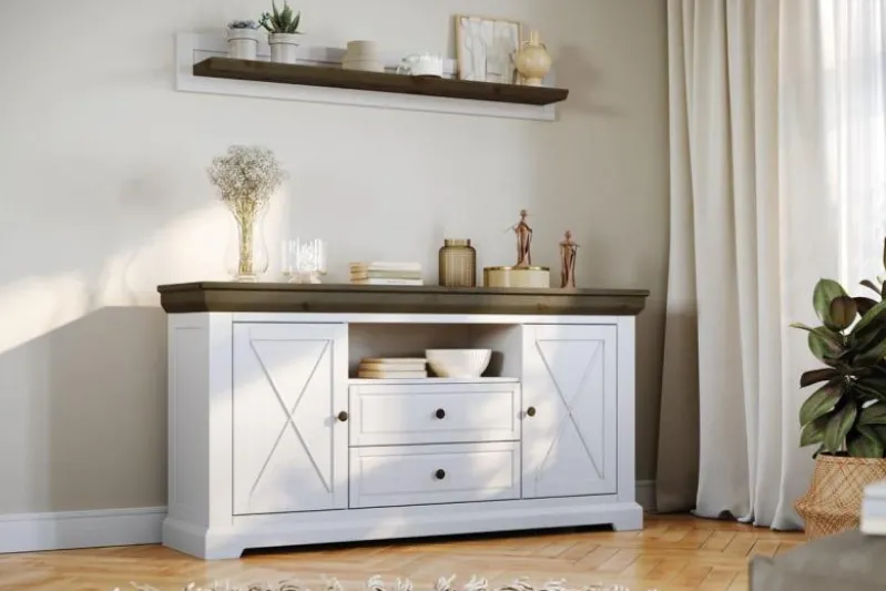 Madia shabby country in pino massello bianca e tabacco