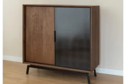 Mobile bar in rovere massello tabacco e vetro con portabottiglie