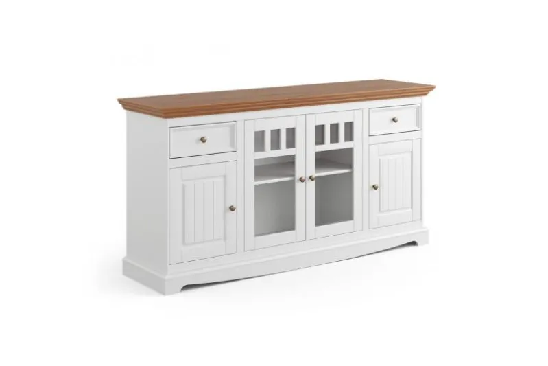 Mobile buffet con vetrina shabby chic pino massello bianco e rovere