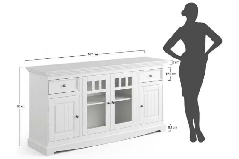 Mobile buffet con vetrina shabby chic pino massello bianco e rovere