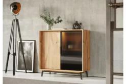 Mobile buffet in legno naturale massello e vetro con portabottiglie