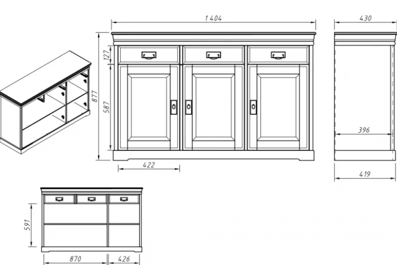 Mobile buffet legno massello con 3 ante bianco top miele toscano shabby