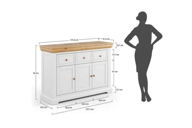 Mobile buffet legno massello tre cassetti bianco shabby country