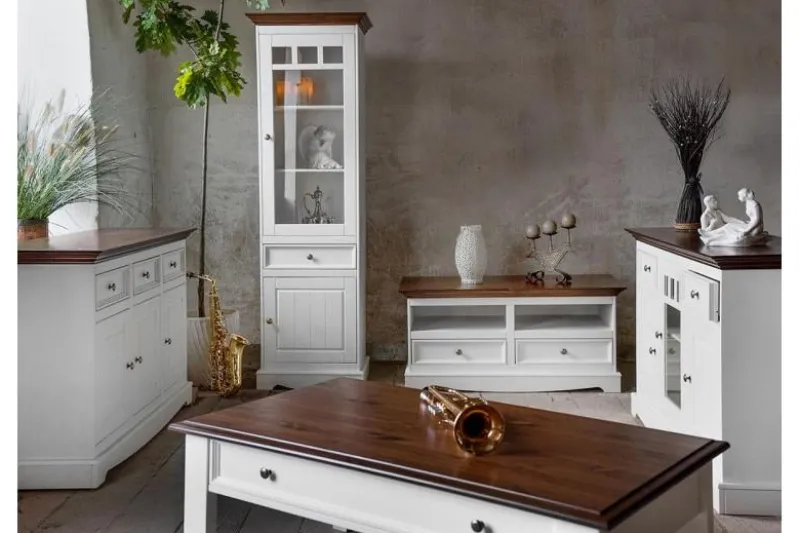 Mobiletto porta tv shabby chic pino massello tinto bianco e noce