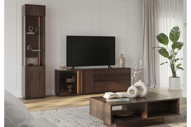 Mobile TV con vetrina in rovere massello tabacco
