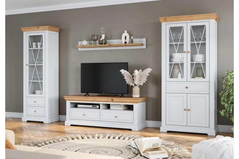 Mobile tv legno massello due cassetti bianco shabby country