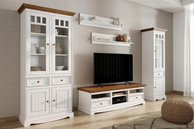 Porta tv shabby chic bianco e rovere in pino massello
