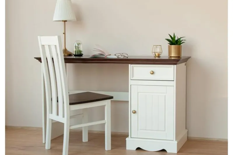 Scrittoio con armadietto shabby chic in pino massello bianco e noce