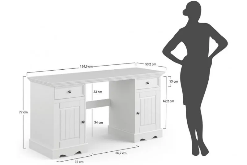 Scrivania shabby chic in pino massello bianco con piano noce