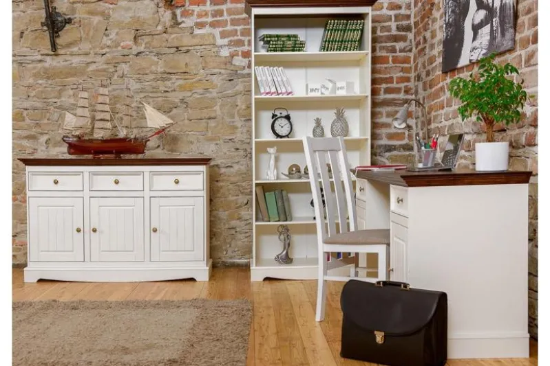 Scrivania shabby chic in pino massello bianco con piano noce
