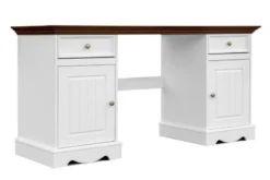 Scrivania shabby chic in pino massello bianco con piano noce