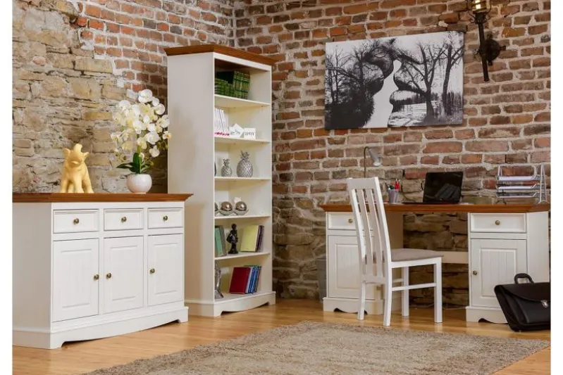 Scrivania shabby chic in pino massello bianco con piano rovere