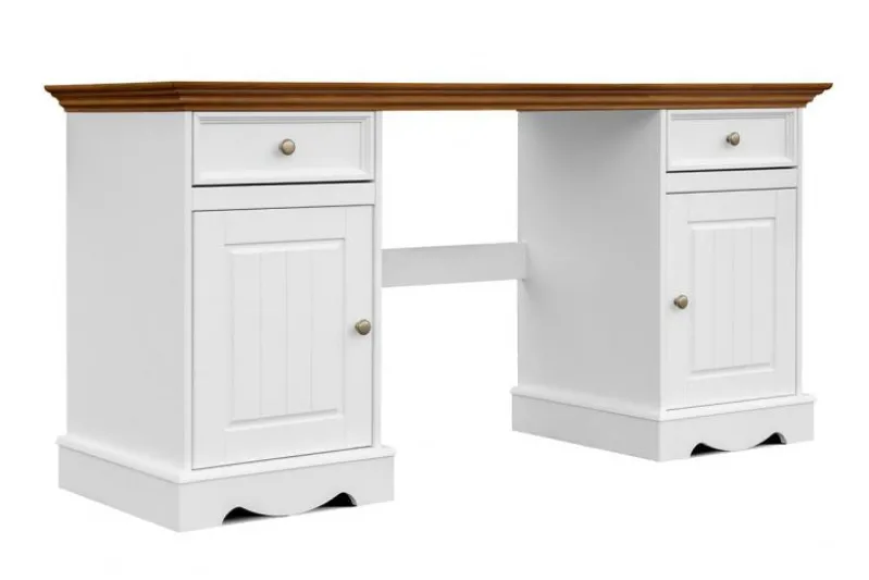 Scrivania shabby chic in pino massello bianco con piano rovere