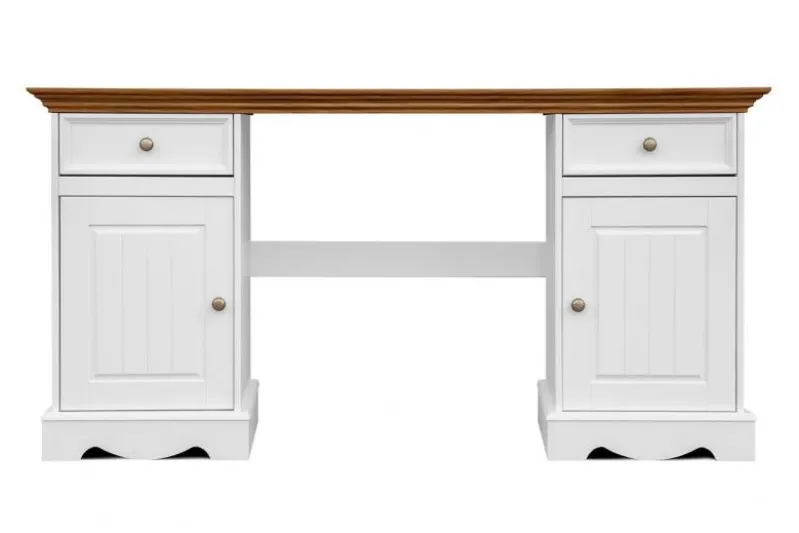 Scrivania shabby chic in pino massello bianco con piano rovere