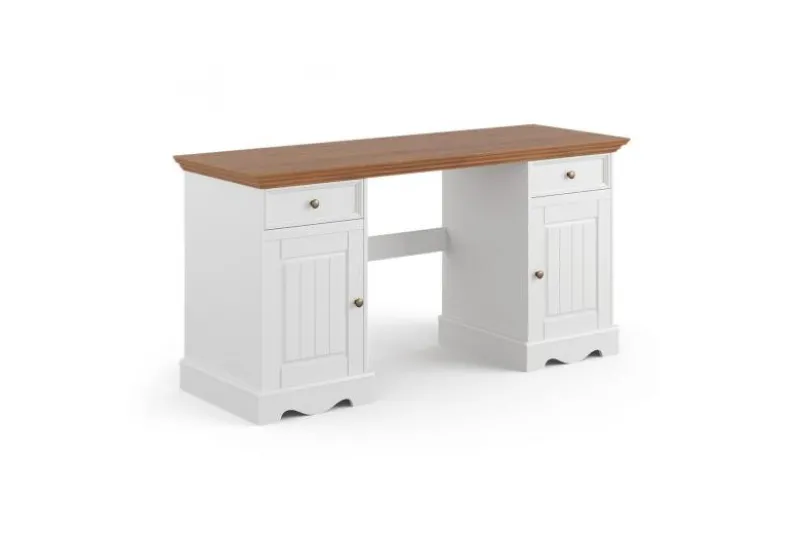 Scrivania shabby chic in pino massello bianco con piano rovere