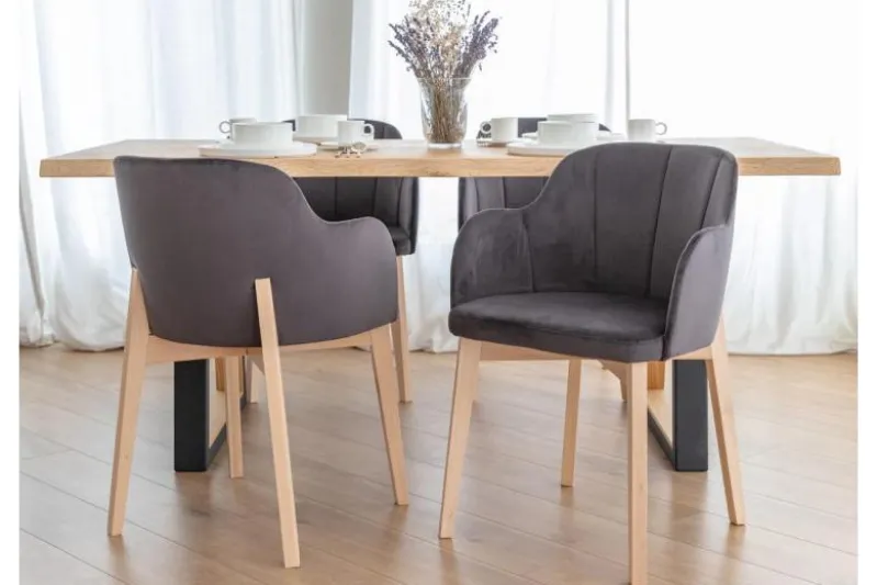 Sedia imbottita da pranzo grigia velluto e faggio FONDO