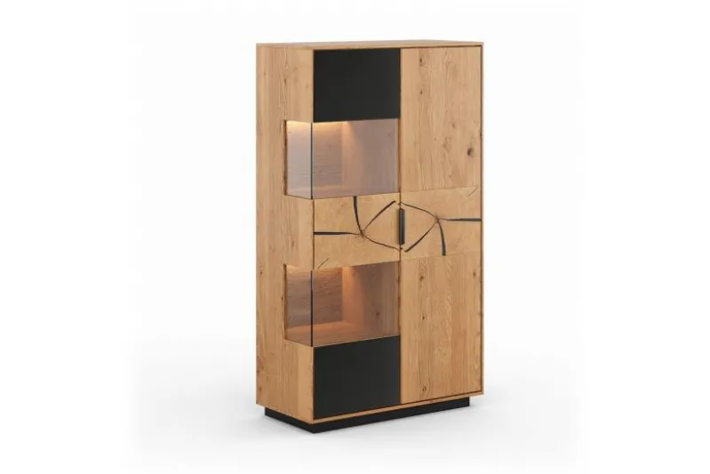 Vetrina 2 ante con vetro nero e frammento di tronco rovere massello