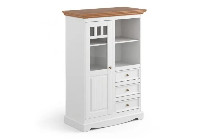 Vetrina bassa shabby chic pino massello bianco e top rovere