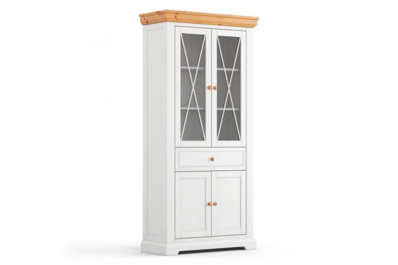 Vetrina due ante legno massello di pino bianca shabby country