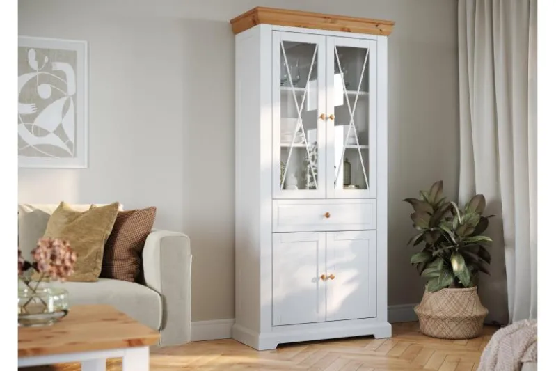 Vetrina due ante legno massello di pino bianca shabby country