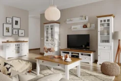 Vetrina shabby chic 1 anta pino massello bianco e top rovere