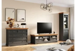 Vetrina shabby chic 1 anta pino massello grafite e top rovere